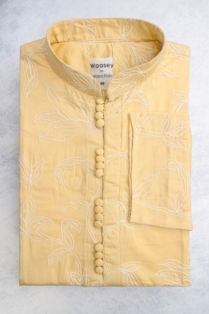 Yellow Leaf-Embroidered Panjabi with Fabric Buttons